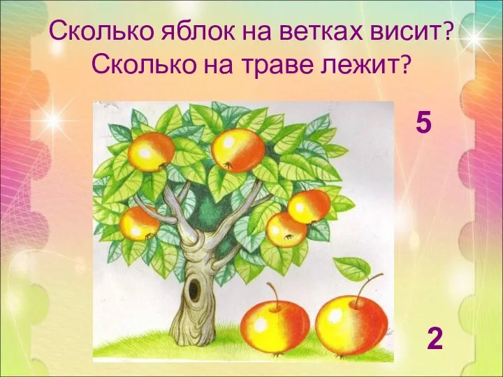 Сколько яблок на ветках висит? Сколько на траве лежит? 5 2