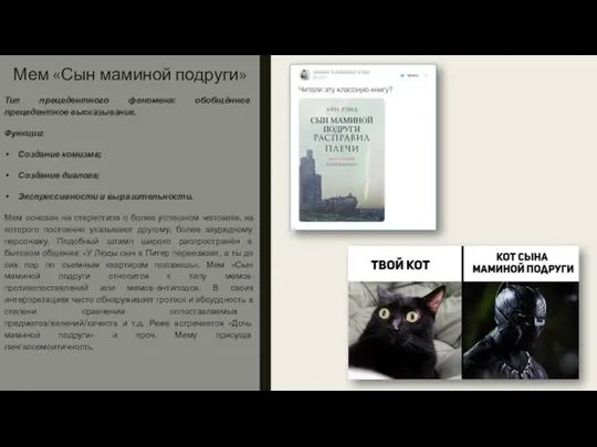 Мем «Сын маминой подруги» Тип прецедентного феномена: обобщённое прецедентное высказывание. Функции: