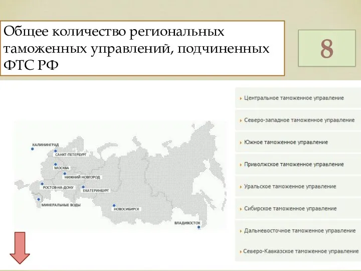 Общее количество региональных таможенных управлений, подчиненных ФТС РФ 8