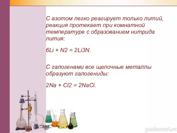С азотом легко реагирует только литий, реакция протекает при комнатной температуре