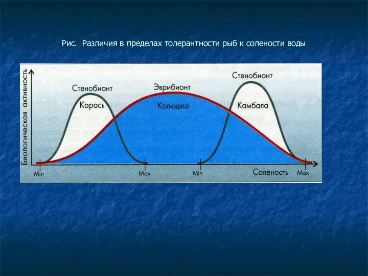 Рис. Различия в пределах толерантности рыб к солености воды