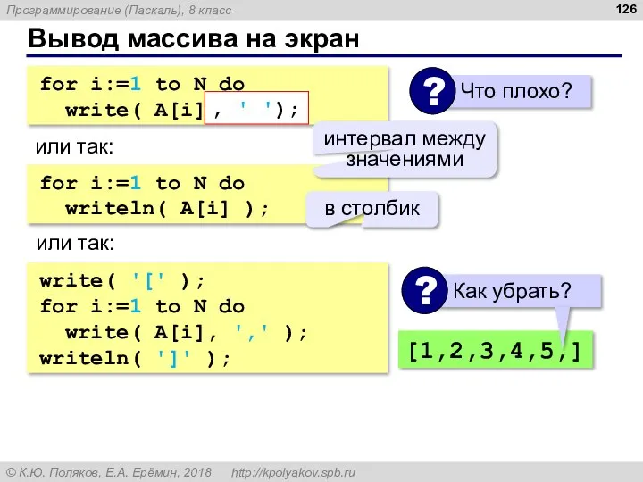 Вывод массива на экран for i:=1 to N do write( A[i]