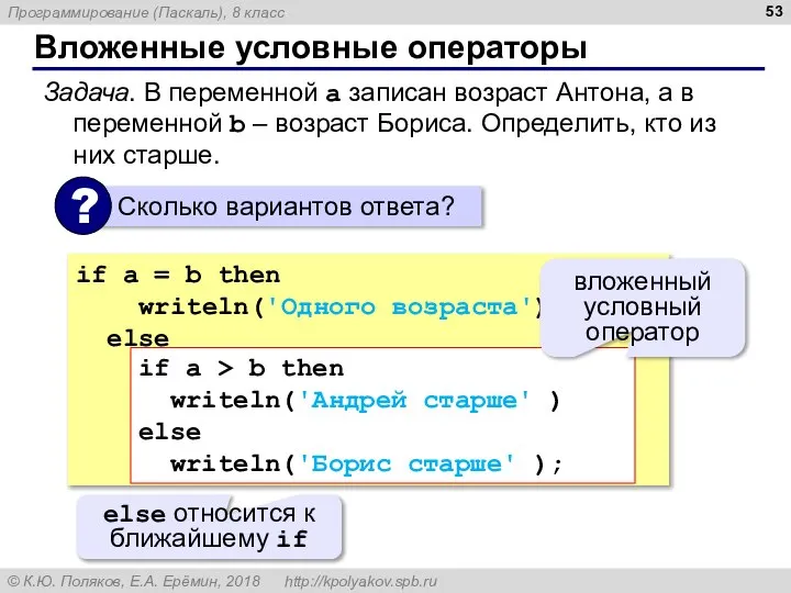 Вложенные условные операторы Задача. В переменной a записан возраст Антона, а