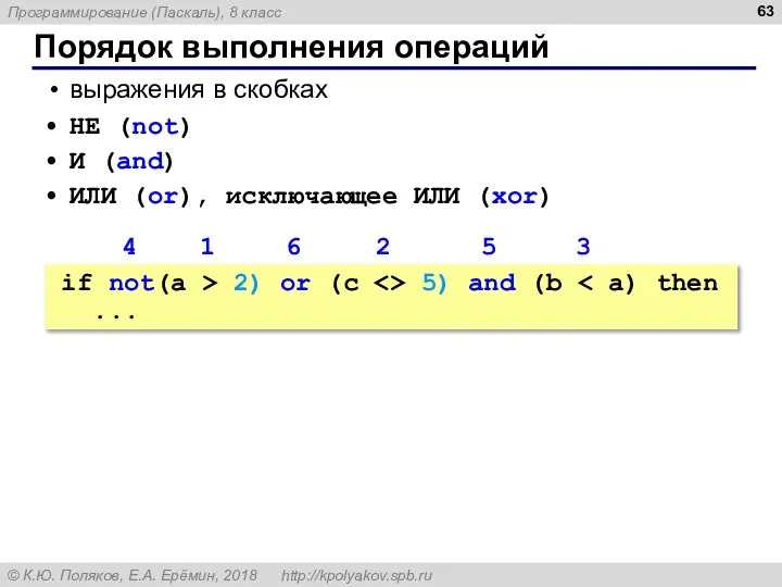 Порядок выполнения операций выражения в скобках НЕ (not) И (and) ИЛИ