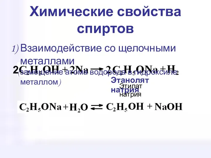 Химические свойства спиртов Взаимодействие со щелочными металлами (замещение атома водорода в