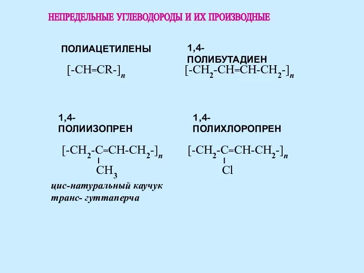 НЕПРЕДЕЛЬНЫЕ УГЛЕВОДОРОДЫ И ИХ ПРОИЗВОДНЫЕ ПОЛИАЦЕТИЛЕНЫ 1,4-ПОЛИИЗОПРЕН 1,4-ПОЛИХЛОРОПРЕН 1,4-ПОЛИБУТАДИЕН цис-натуральный каучук транс- гуттаперча [-CH=CR-]n [-CH2-CH=CH-CH2-]n