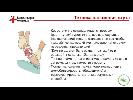 Техника наложения жгута Кровотечение останавливается первым (растянутым) туром жгута, все последующие