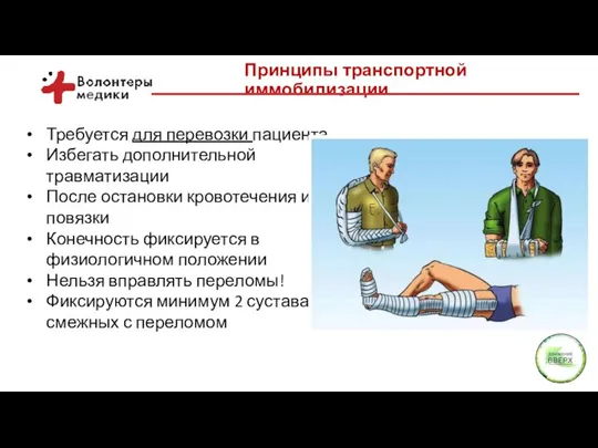 Принципы транспортной иммобилизации Требуется для перевозки пациента Избегать дополнительной травматизации После