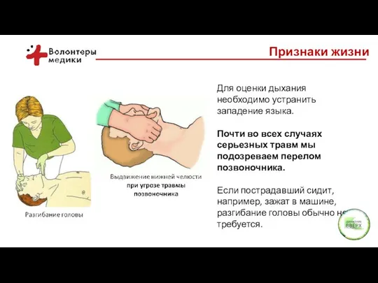 Признаки жизни Для оценки дыхания необходимо устранить западение языка. Почти во