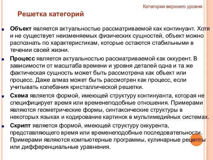 Категории верхнего уровня Решетка категорий Объект является актуальностью рассматриваемой как континуант.