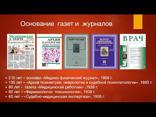 Основание газет и журналов 210 лет – основан «Медико-физический журнал», 1808