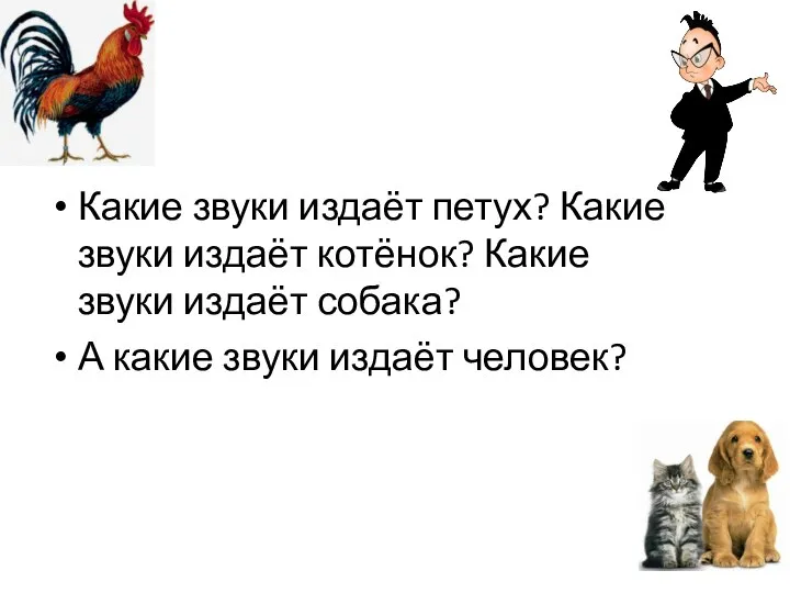 Какие звуки издаёт петух? Какие звуки издаёт котёнок? Какие звуки издаёт