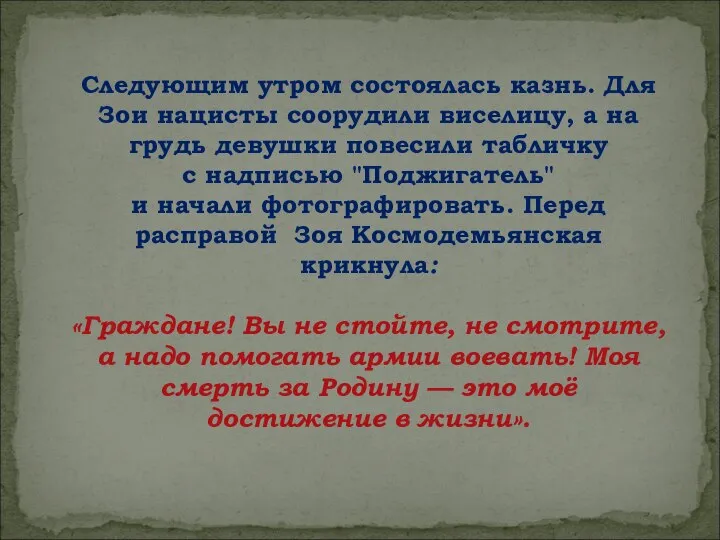 Следующим утром состоялась казнь. Для Зои нацисты соорудили виселицу, а на