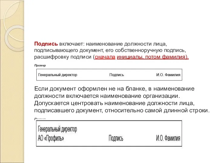 Подпись включает: наименование должности лица, подписывающего документ, его собственноручную подпись, расшифровку