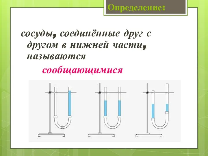 Определение: сосуды, соединённые друг с другом в нижней части, называются сообщающимися