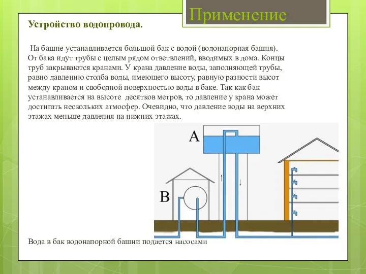 Применение Устройство водопровода. На башне устанавливается большой бак с водой (водонапорная