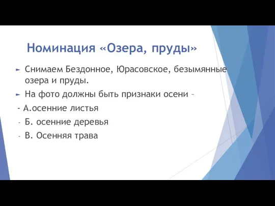 Номинация «Озера, пруды» Снимаем Бездонное, Юрасовское, безымянные озера и пруды. На