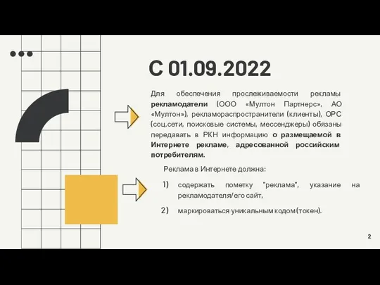 С 01.09.2022 Для обеспечения прослеживаемости рекламы рекламодатели (ООО «Мултон Партнерс», АО