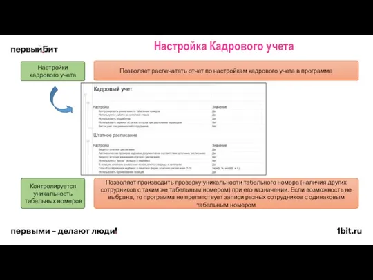 Настройка Кадрового учета Настройки кадрового учета Контролируется уникальность табельных номеров Позволяет