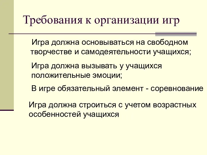 Требования к организации игр Игра должна основываться на свободном творчестве и