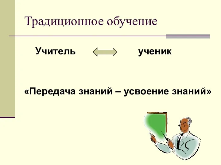 Традиционное обучение Учитель ученик «Передача знаний – усвоение знаний»