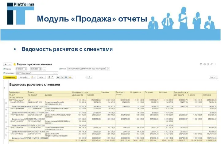 Модуль «Продажа» отчеты Ведомость расчетов с клиентами