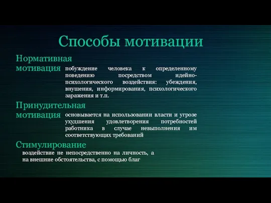 Способы мотивации Нормативная мотивация Принудительная мотивация Стимулирование побуждение человека к определенному