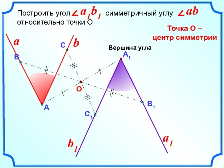 А1 Построить угол симметричный углу относительно точки О Точка О –