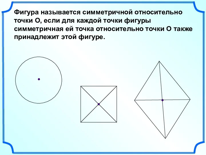 Фигура называется симметричной относительно точки О, если для каждой точки фигуры