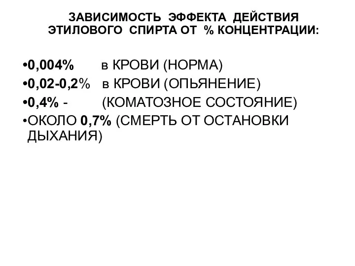 ЗАВИСИМОСТЬ ЭФФЕКТА ДЕЙСТВИЯ ЭТИЛОВОГО СПИРТА ОТ % КОНЦЕНТРАЦИИ: 0,004% в КРОВИ