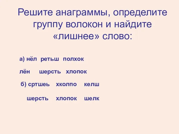 Решите анаграммы, определите группу волокон и найдите «лишнее» слово: а) нёл