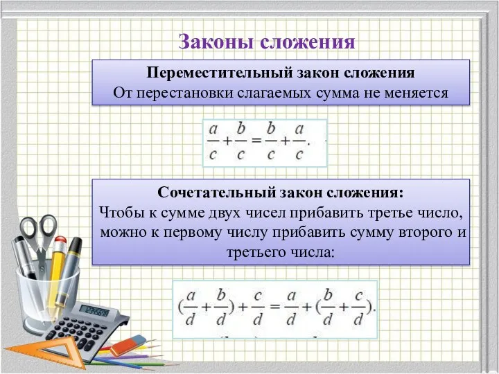 Переместительный закон сложения От перестановки слагаемых сумма не меняется Законы сложения