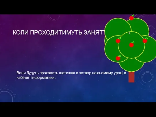 КОЛИ ПРОХОДИТИМУТЬ ЗАНЯТТЯ? Вони будуть проходить щотижня в четвер на сьомому уроці в кабінеті інформатики.