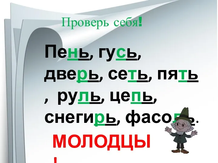 Проверь себя! Пень, гусь, дверь, сеть, пять , руль, цепь, снегирь, фасоль. МОЛОДЦЫ !