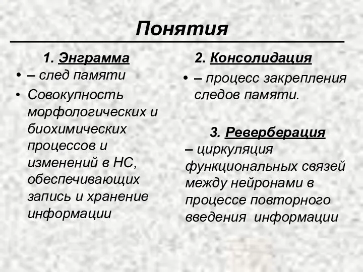 Понятия 1. Энграмма – след памяти Совокупность морфологических и биохимических процессов