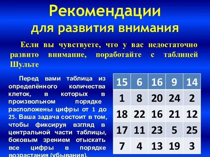 Рекомендации для развития внимания Перед вами таблица из определённого количества клеток,