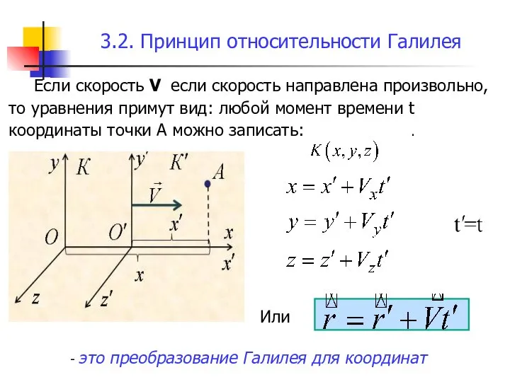 3.2. Принцип относительности Галилея Если скорость V если скорость направлена произвольно,