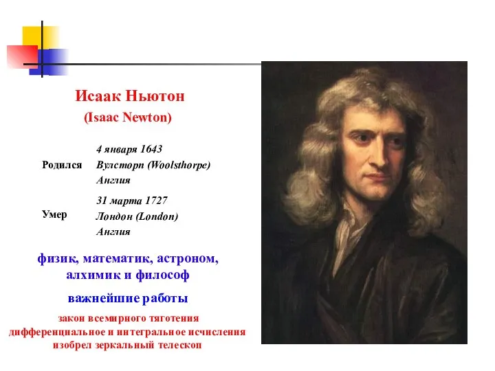 Исаак Ньютон (Isaac Newton) физик, математик, астроном, алхимик и философ важнейшие