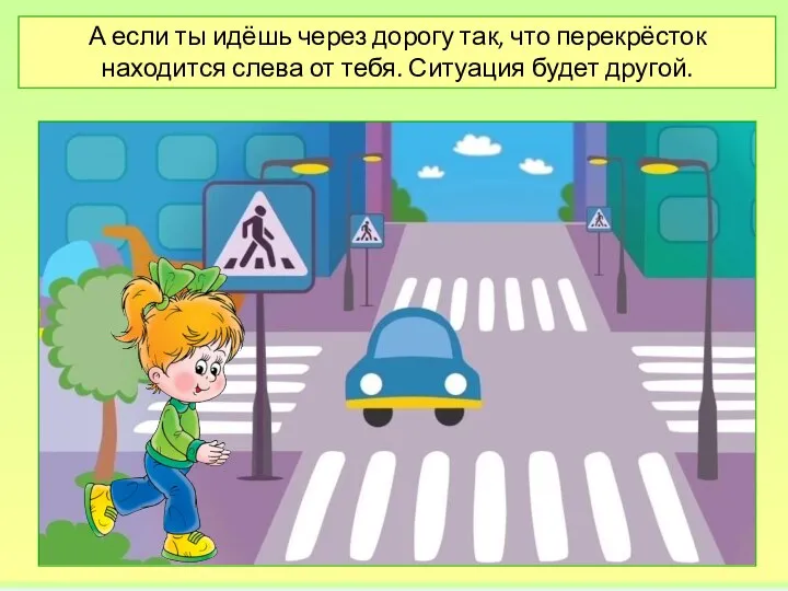 А если ты идёшь через дорогу так, что перекрёсток находится слева от тебя. Ситуация будет другой.