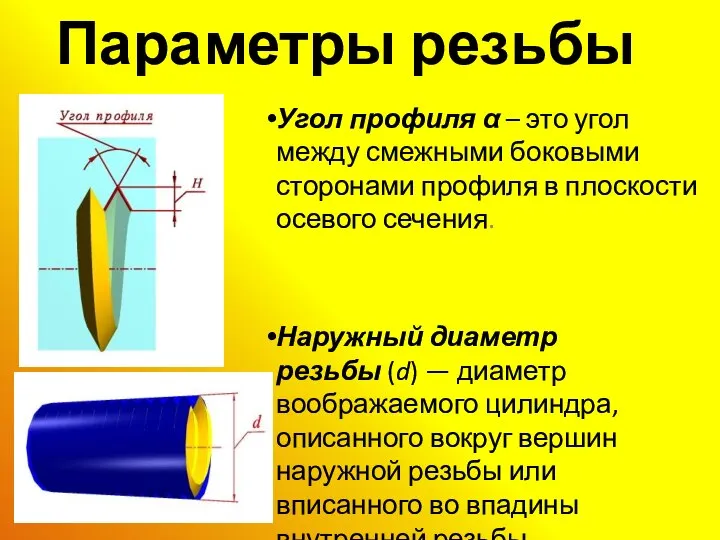 Параметры резьбы Угол профиля α – это угол между смежными боковыми