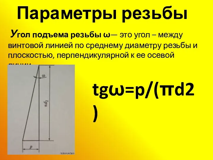 Параметры резьбы Угол подъема резьбы ω— это угол – между винтовой