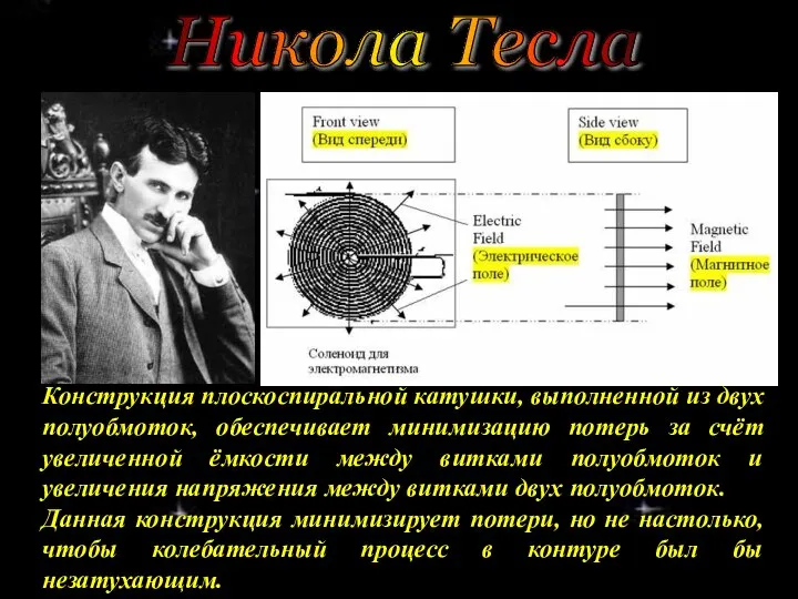 Конструкция плоскоспиральной катушки, выполненной из двух полуобмоток, обеспечивает минимизацию потерь за