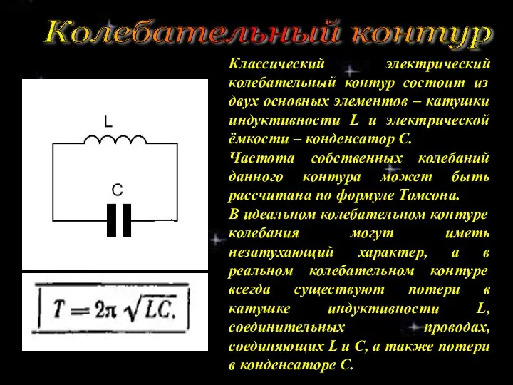 Классический электрический колебательный контур состоит из двух основных элементов – катушки