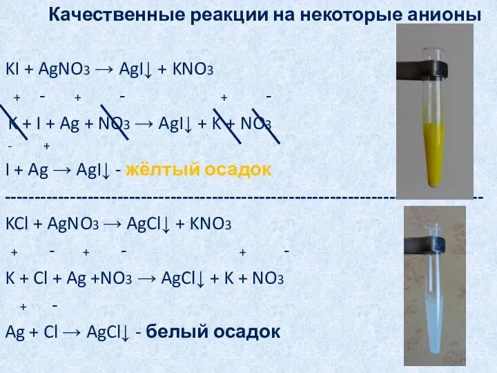 Качественные реакции на некоторые анионы KI + AgNO3 → AgI↓ +