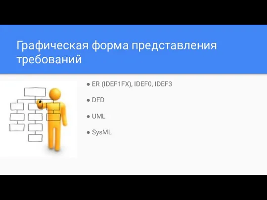 Графическая форма представления требований ● ER (IDEF1FX), IDEF0, IDEF3 ● DFD ● UML ● SysML