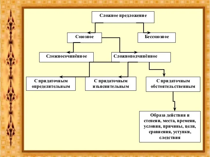 Сложное предложение Союзное Бессоюзное Сложносочинённое Сложноподчинённое С придаточным определительным С придаточным