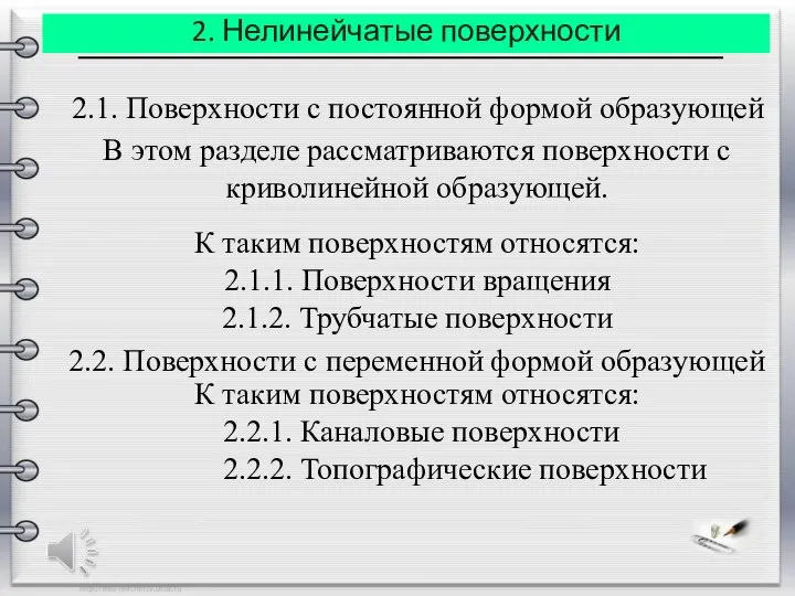 2.1. Поверхности с постоянной формой образующей 2. Нелинейчатые поверхности В этом