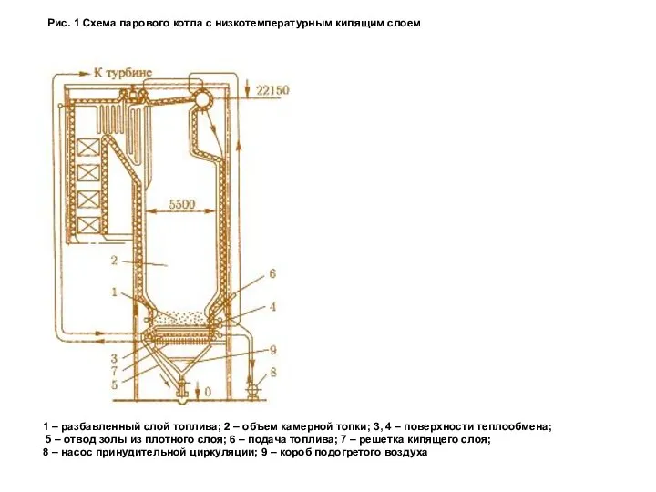 Рис. 1 Схема парового котла с низкотемпературным кипящим слоем 1 –