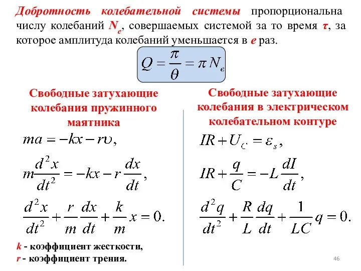 Добротность колебательной системы пропорциональна числу колебаний Ne, совершаемых системой за то