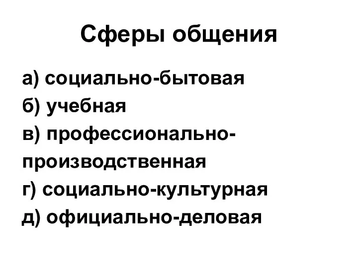 Сферы общения а) социально-бытовая б) учебная в) профессионально- производственная г) социально-культурная д) официально-деловая